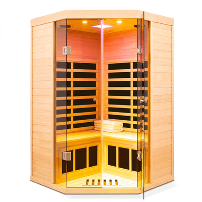 Far Infrared Corner Sauna Built to Transform Your Home, 2-Person Hemlock Wood, 7 Heat Panels, Touch Controls
