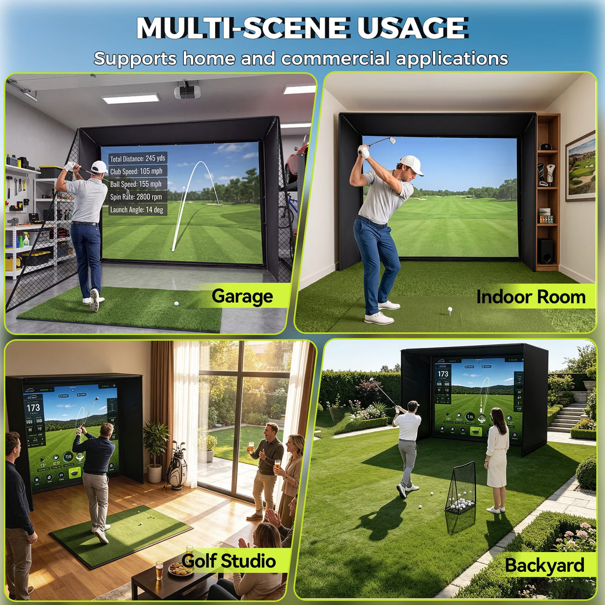10X8 Ft Golf Simulator Enclosure Complete Kit with Alloy Steel Frame and HD Impact Screen Indoor Garage Home Golf Training Cage Equipment